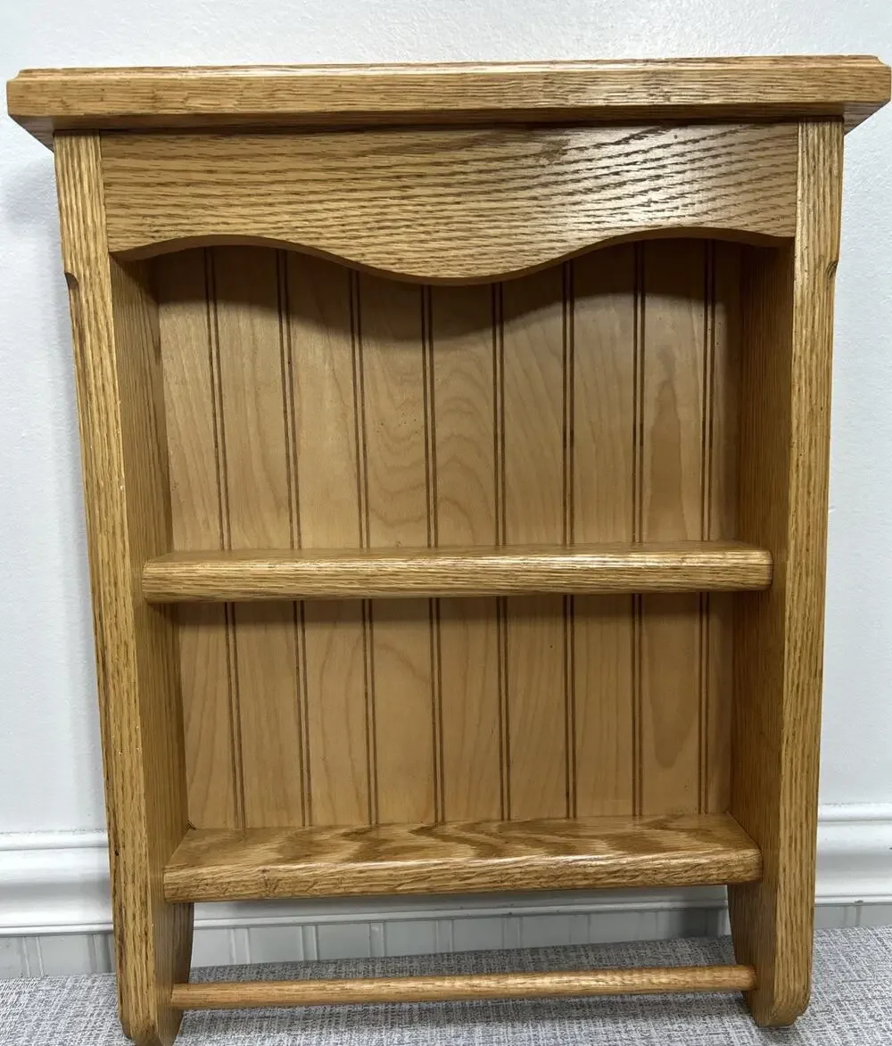 Vintage Handmade Solid Oak Wall Shelf Towel Bar 2 Shelves 19x14x4 Boho Spices